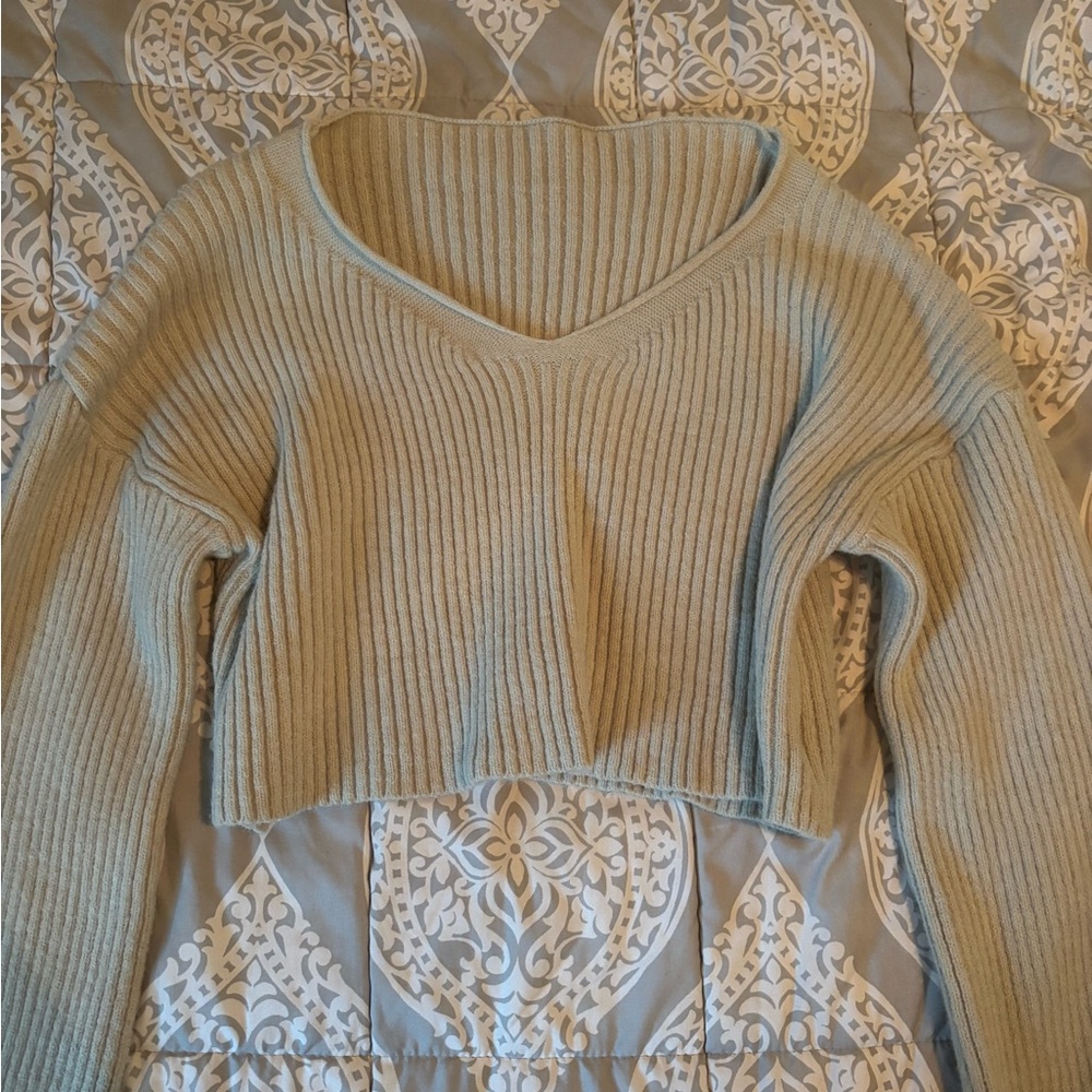 Cropped Ribbed V-Neck Sweater in Sage Green - Picture 1 of 2